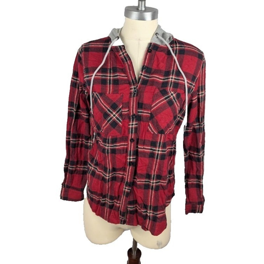 Polly & Esther Juniors' Plaid Hoodie Black Red Size S Button Front